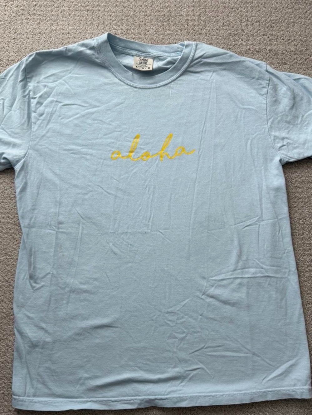 Comfort Colors Men’s Light Blue T-Shirt with Yellow "aloha" Script